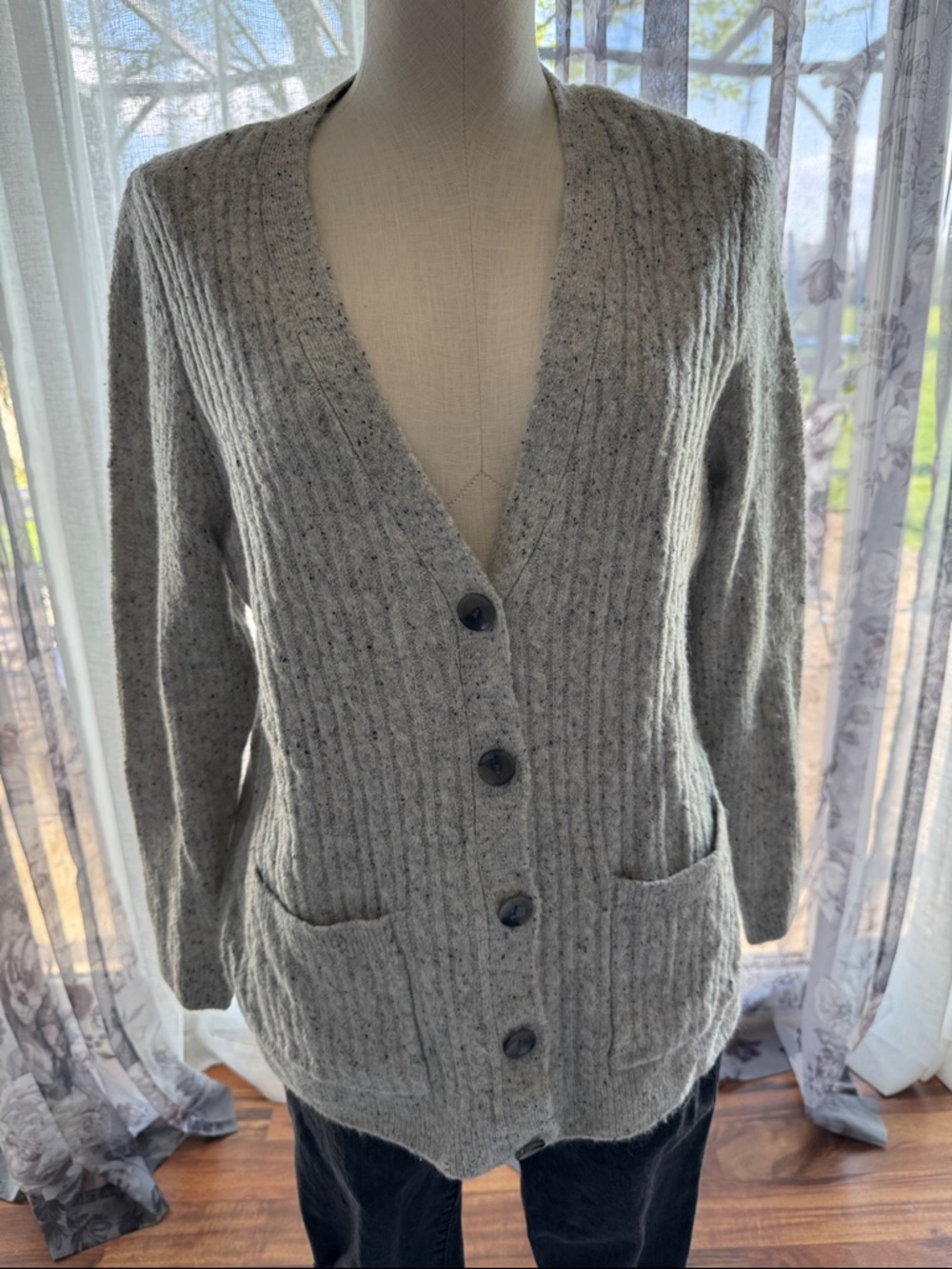 Christopher & Banks Gray Ribbed V-Neck Button Cardigan